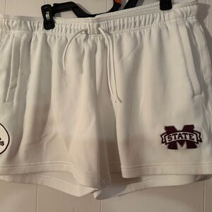 adidas White Athletic Shorts with Maroon STATE Patch